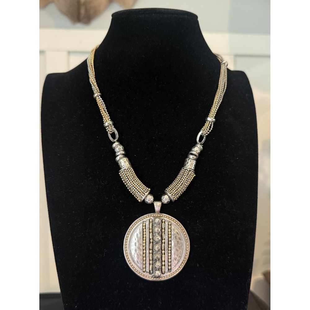 Ruby Rd Statement Necklace Two-Tone Multi Strand Chain Large Hammered Pendant